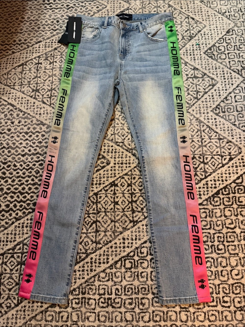 Homme + Femme Light Wash Denim Jeans with Green Logo Tape